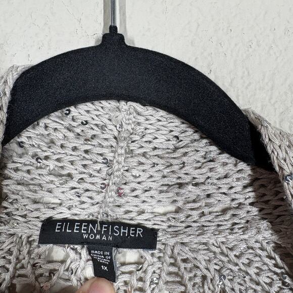 Eileen Fisher Plus 1X Italian Yarn Chunky Crochet Sequin Open Cardigan Gray Tan - Picture 5 of 7